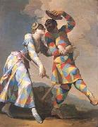 Gemalde des italienischen Malers Giovanni Domenico Ferretti. Motiv Arlecchino Harlekin und Colombina, Giovanni Domenico Ferretti